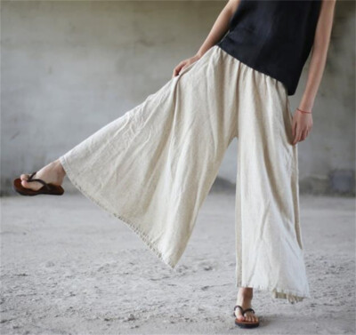 New Women Flax Loose Fit Wide Leg Pants Long Ninth Flax Fashion Summer Trousers