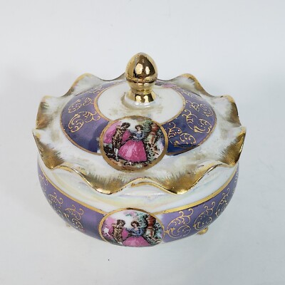 Trinket Dish 3 Footed Scalloped Lid Fragonard Courting Couple Victorian Artwork