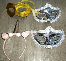 3 EYE MASKS 2 SILVER SEQUINS 1 gold GLITTER SPARKLE UNICORN HEADBAND PRETEND PLA