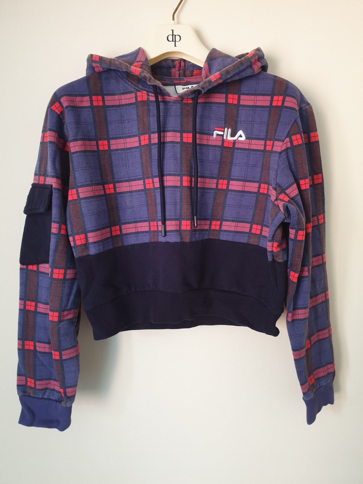Felpa con cappuccio vintage Fila rara donna a scacchi tagliata taglia M