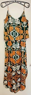 👗 “H & M”: Damen-MIDIKLEID Größe 36, grün mit weißen + orangen Monsterablättern - Bild 1 von 4