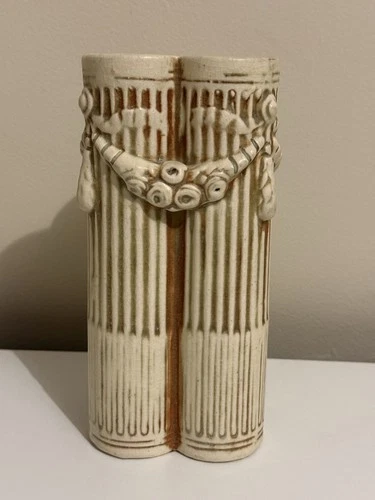 Weller Clinton Ivory 1914 Art Pottery Ceramic Tri Column Vase Vintage Excellent