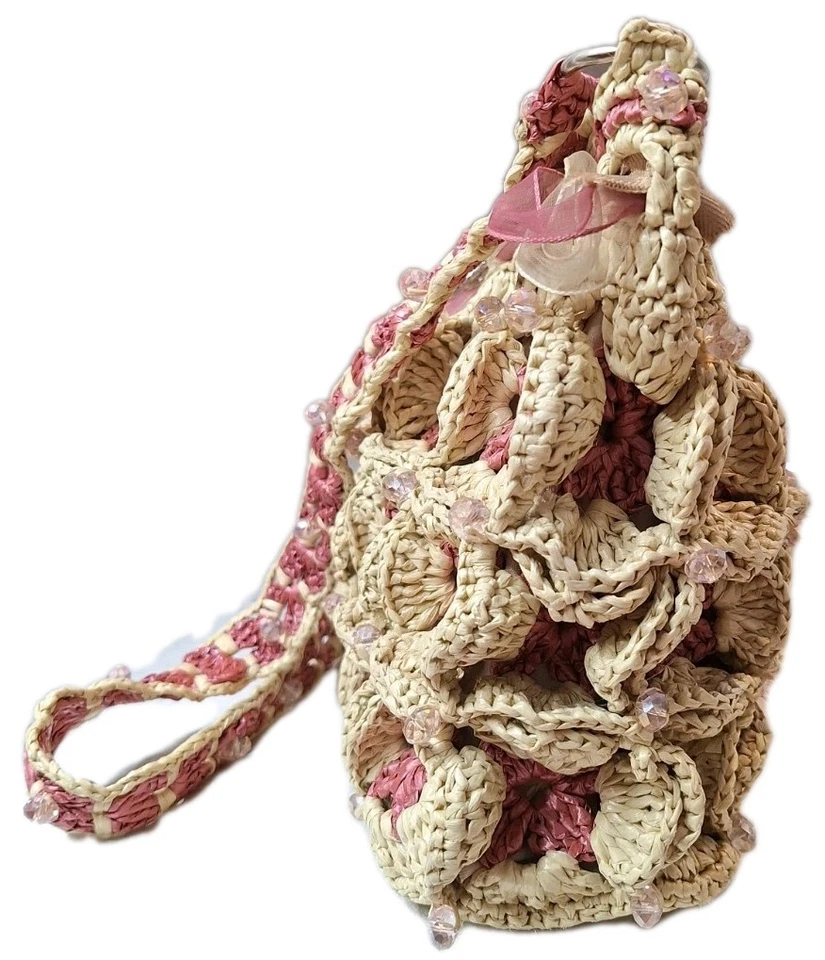 Cartera de rafia de ganchillo hecha a mano de colección forrada con cuentas bolso cinta broche acento Foto 4 de 4