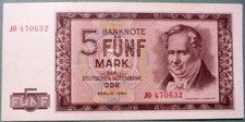 EAST GERMANY DDR GDR  5 MARK UNC NOTE FROM 1964,  P22, HUMBOLDT