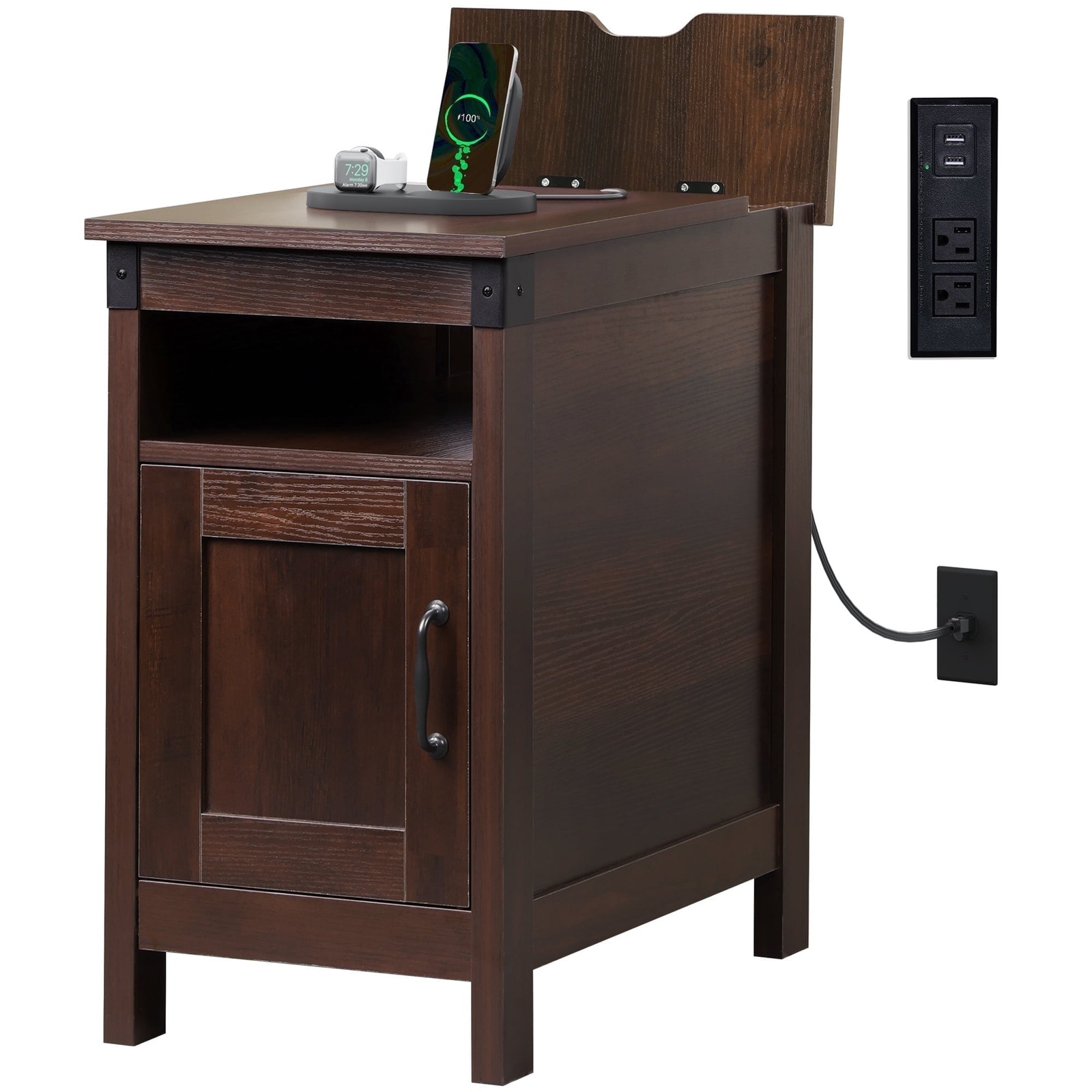 Side Table with Charging Station Narrow End Table with Stora