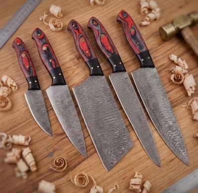 Damascus Chef Knife Set Handmade Kitchen Knives Hand Forged Steel 5pc Cleaver gi