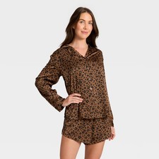 Womens Satin Notch Collar Long Sleeve Shirt And Shorts Pajama Set -