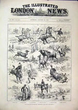 Old Antique Print Sketches Field 1882 Royal Buckhounds Horses Deer River 19th