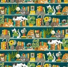 Feline Drive Fabric PURRFECT LIFE Cat Bookshelf Green- Fat Quarter 18x22" FQ