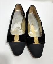 VTG Ferragamo Ballet Flats Womens 6.5B Bow Rhinestone Crystal Velvet Black Italy