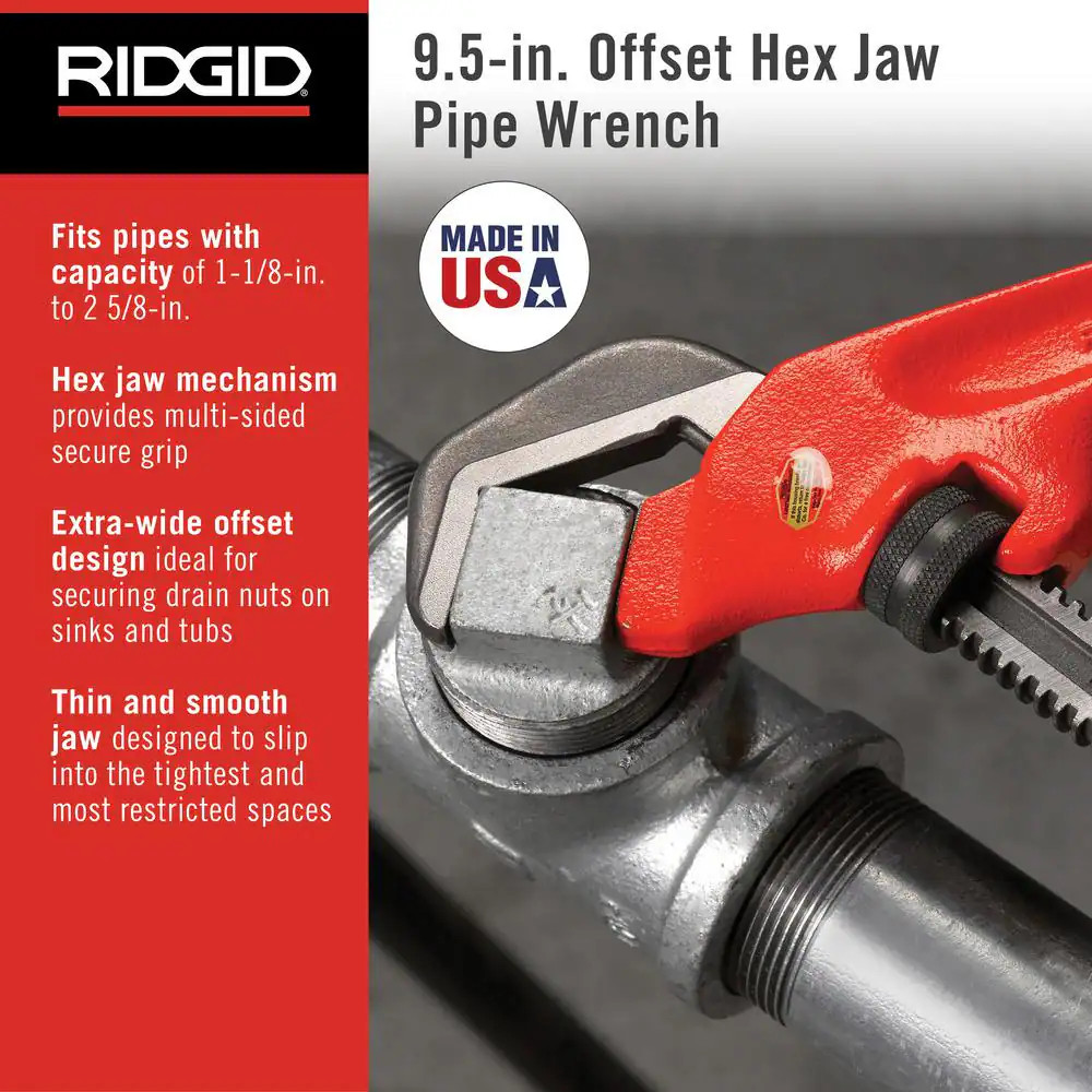 9-1/2 In. Offset Hex Jaw Pipe Wrench, Sturdy Plumbing Pipe Tool with Hex Jaw Mec