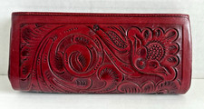 Vintage 1950s 1960s Mexican Hand Tooled Leather Red Purse Clutch Embossed Floral