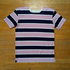 Vintage Pink Navy Blue Striped Short Sleeve T-Shirt Made in USA Small