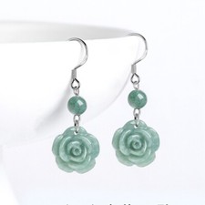 Certified Natural Green Burma Jade jadeite 925 Silver Rose Pendant Earrings