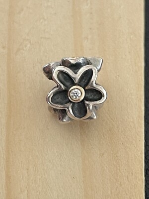 Pandora 925 Silver & 14KT Lab Diamond Flower Charm (B172)