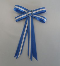 Junior Rider Equestrian Hair Ribbon Bow - Mid Blue & White Satin & Rhinestones