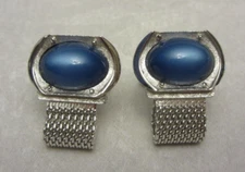 Vintage Swank Oval Blue Cabochon Mesh Cufflinks Silver Tone Signed