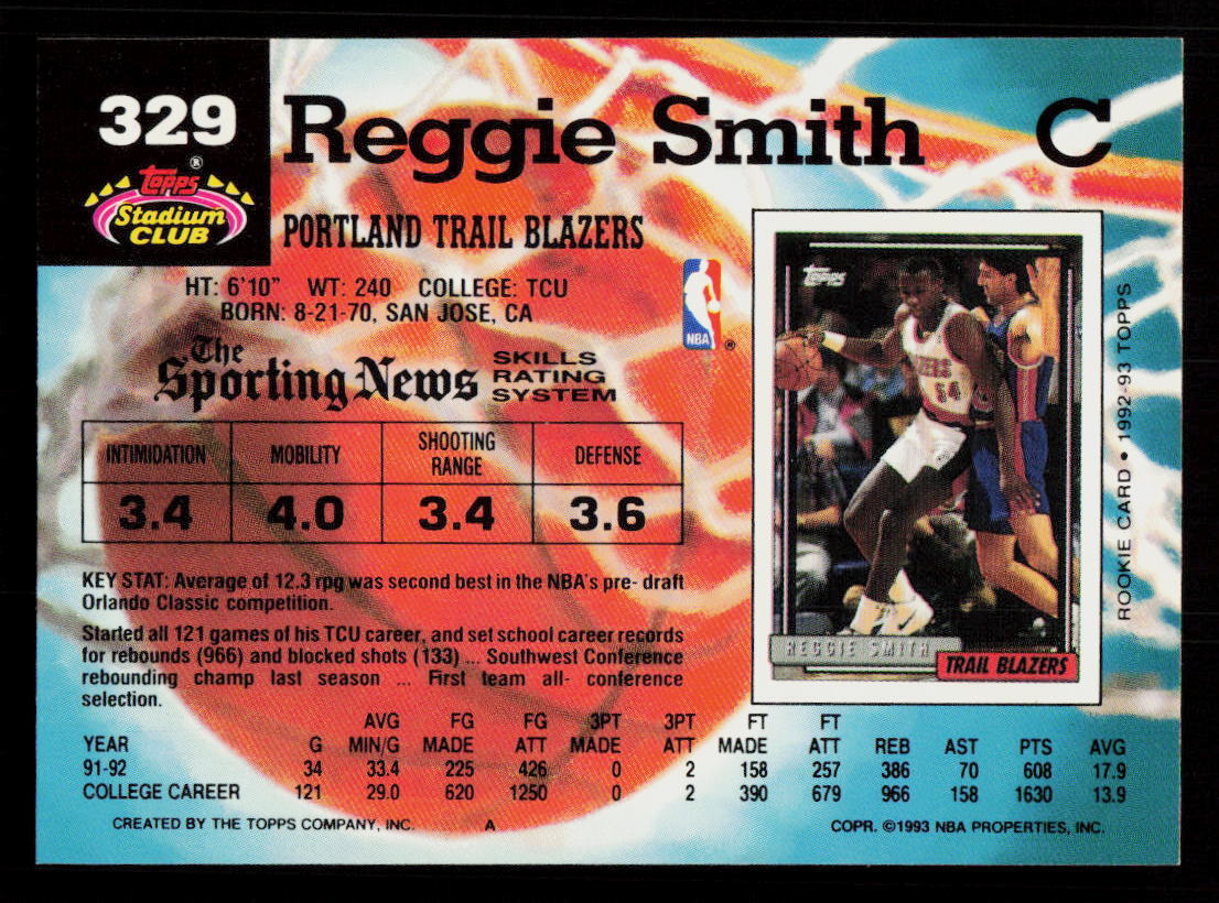 1992 Stadium Club Reggie Smith #329 Basketball Portland Trail