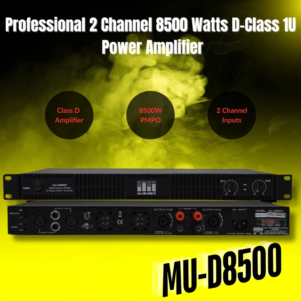 MUSYSIC Professional 2 Channel 8500 Watts D-Class 1U Power Amplifier MU-D8500 - Image 2 of 4