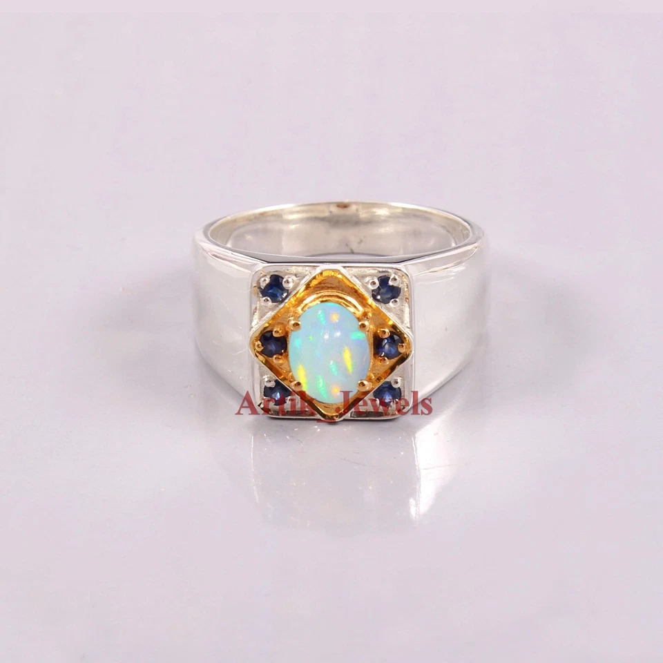 Fire Opal & Heated Sapphire With 14K White Gold Plated Silver Men's Ring #561 - Image 3 of 4