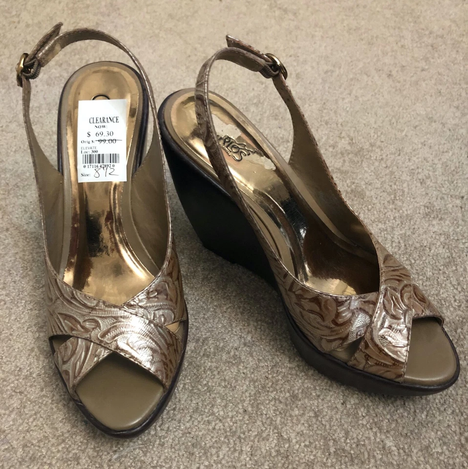 NWT! Carlos Santana Elevate Brown Leather Open Toe Sling Back Wedge Sandals 8.5 - Image 4 of 4