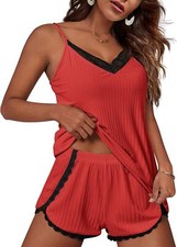 Womens 2 Piece Pajama Set Soft Sleepwear Cami and Shorts V Neck Lace Trim