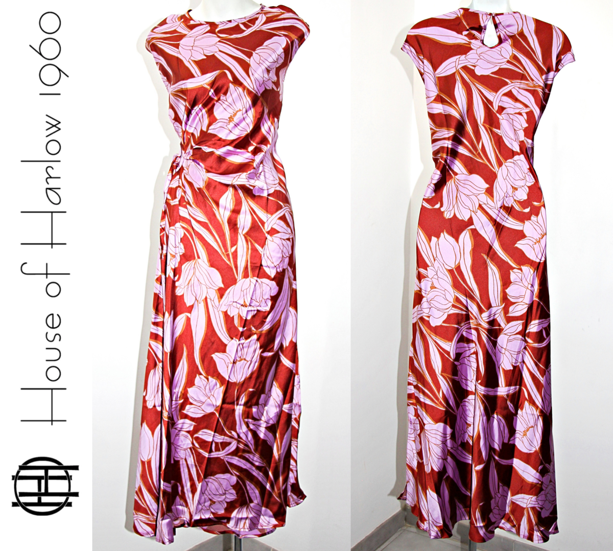 house of harlow ruched dress House of Harlow 1960 Ruched Side Satin Slip 54"Long Maxi Dress Foliage Print S