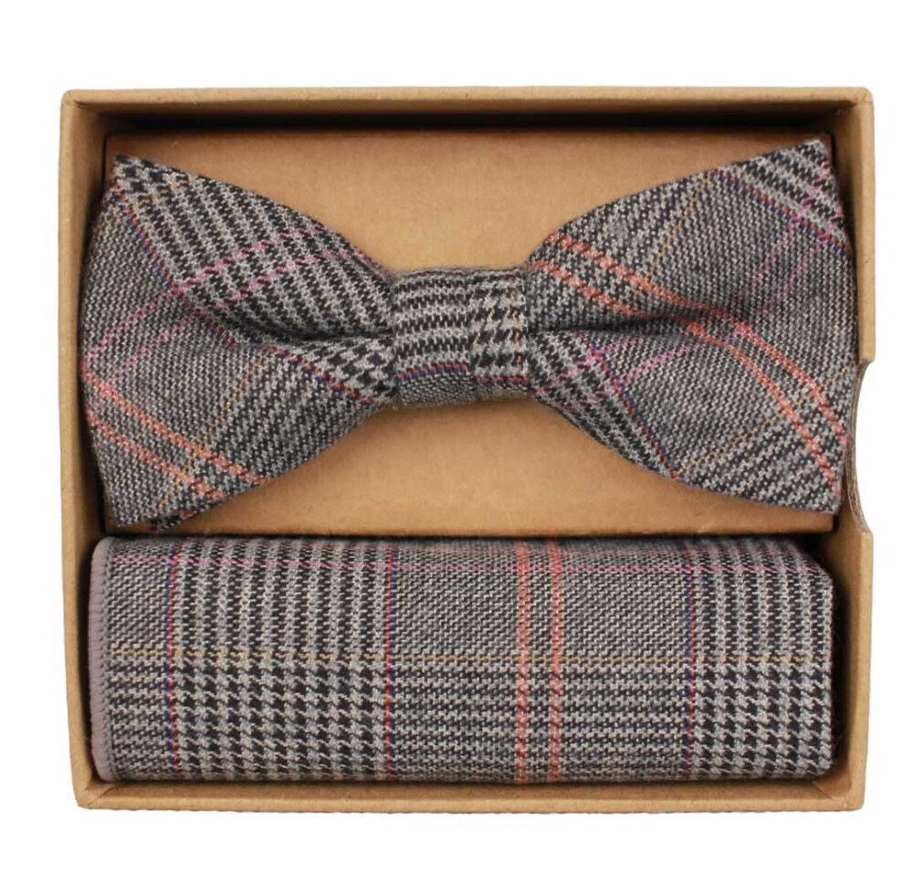 Prince Bowtie Bow Pocket Square Set Beige Gray Check Pattern ft512011