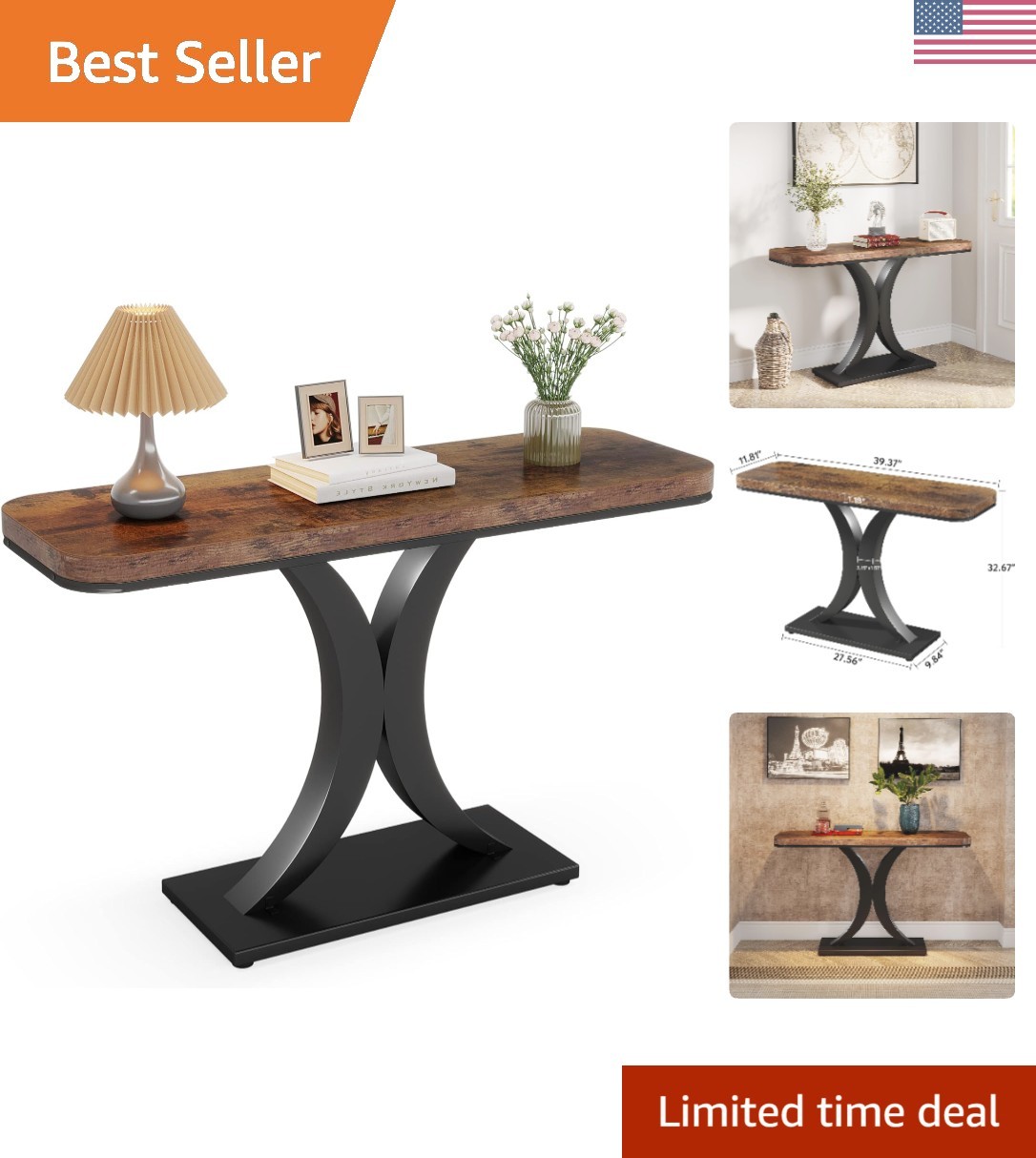 Compact Industrial Entryway Console Table | Rustic Brown Acc