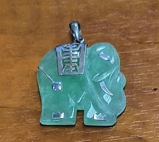 Estate Signed FAS Sterling Silver 925 & Jade Lucky Elephant Pendant