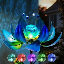 Solar Wind Spinners Outdoor, Blue Lotus Flower Garden Spinner with Cracked Glass