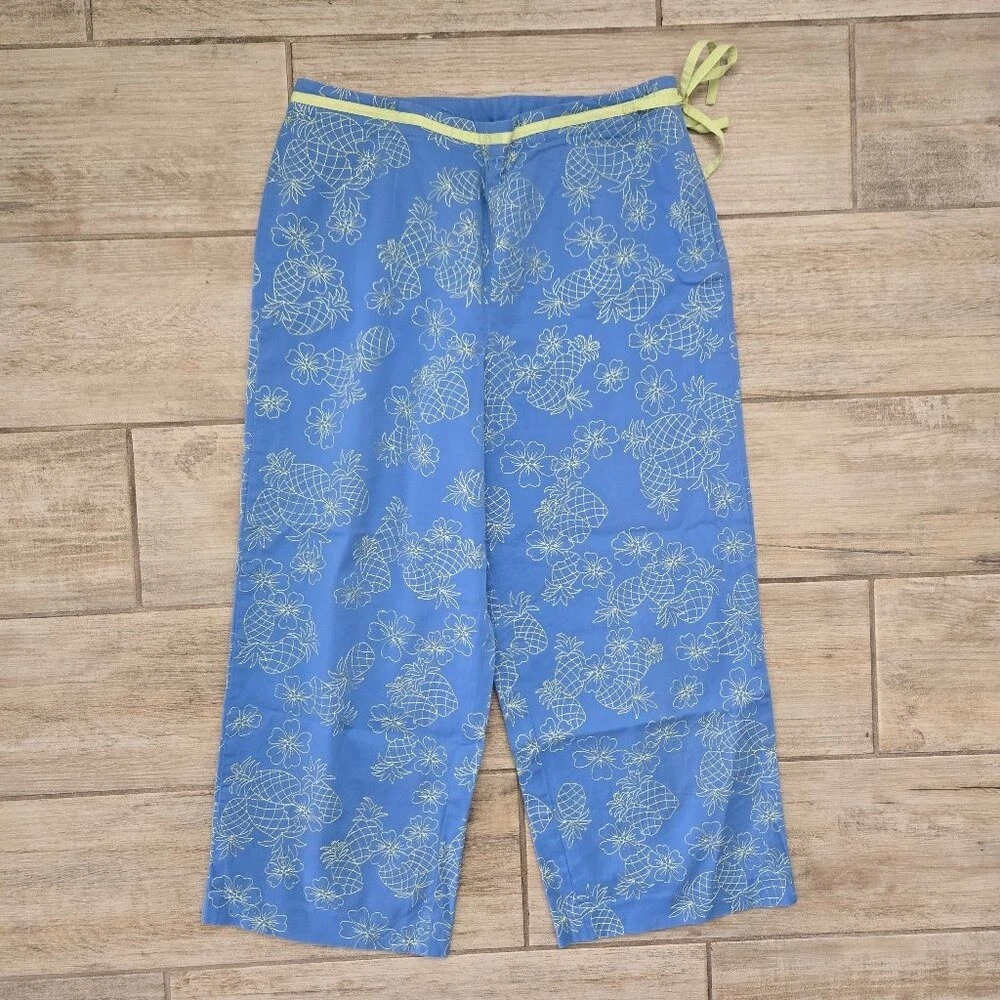 Talbots Wide Leg Capri Pants Women's Embroidered Pineapple Flower Tie Waist 12