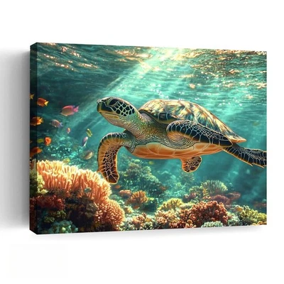 Sea Turtle Artwork Ocean Coral Reef Scene Vibrant Home Decor Wall Art Canvas