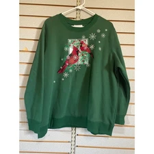 Collections Etc. Womens XXL Green Cardinal Bird Snowflake Christmas Sweatshirt