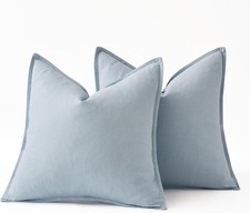 Set of 2 Linen Euro Sham Pillow Covers 22x22 Light Blue Boho Farmhouse Throw Pil