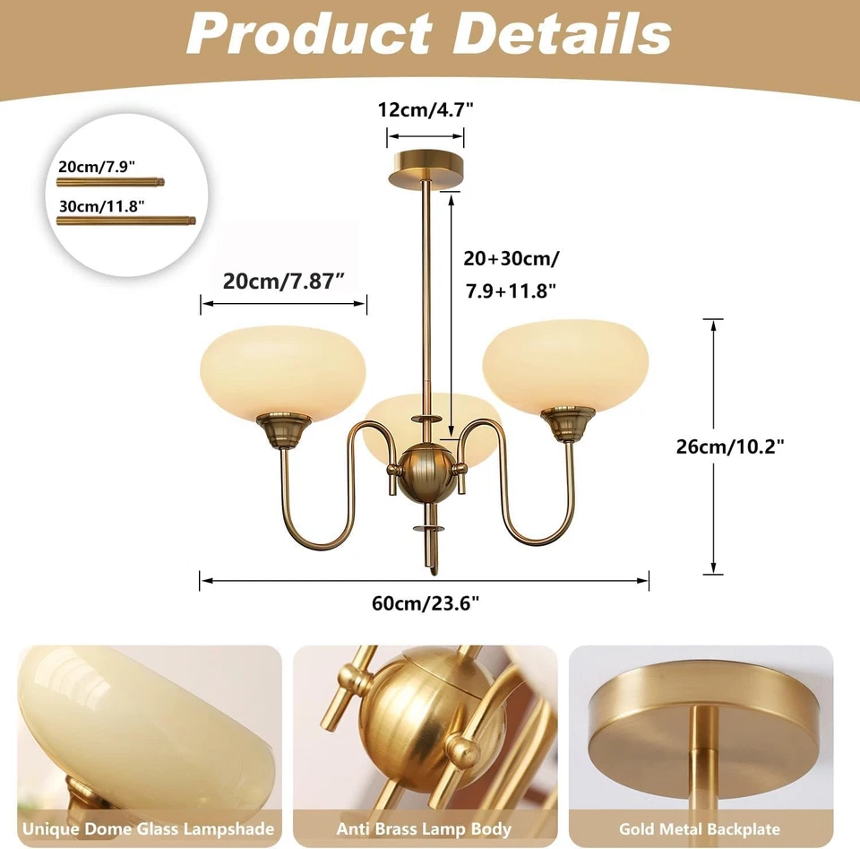 Lámpara de araña de vidrio antigua vintage de 3 luces de latón dorada semi al ras Mo... Foto 2 de 4