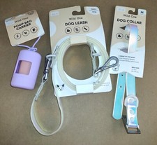 NEW WILD ONE DOG COLLAR M  LEASH WHITE SOLAR HOLOGRAPHIC  LILAC POOP BAG CADDY