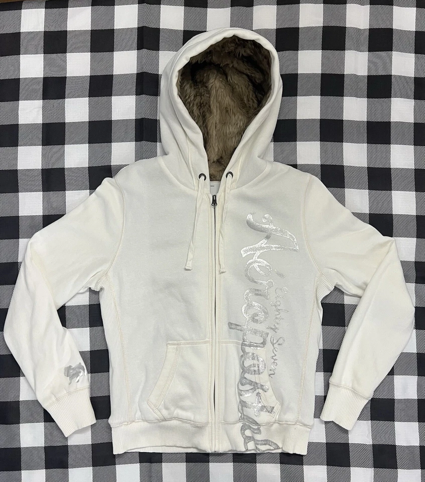 De Colección Aeropostale Y2K Marfil Sudadera con Capucha/Abrigo Para Mujer Grande Marrón Imitación Piel Forrado Cremallera Completa Foto 2 de 4