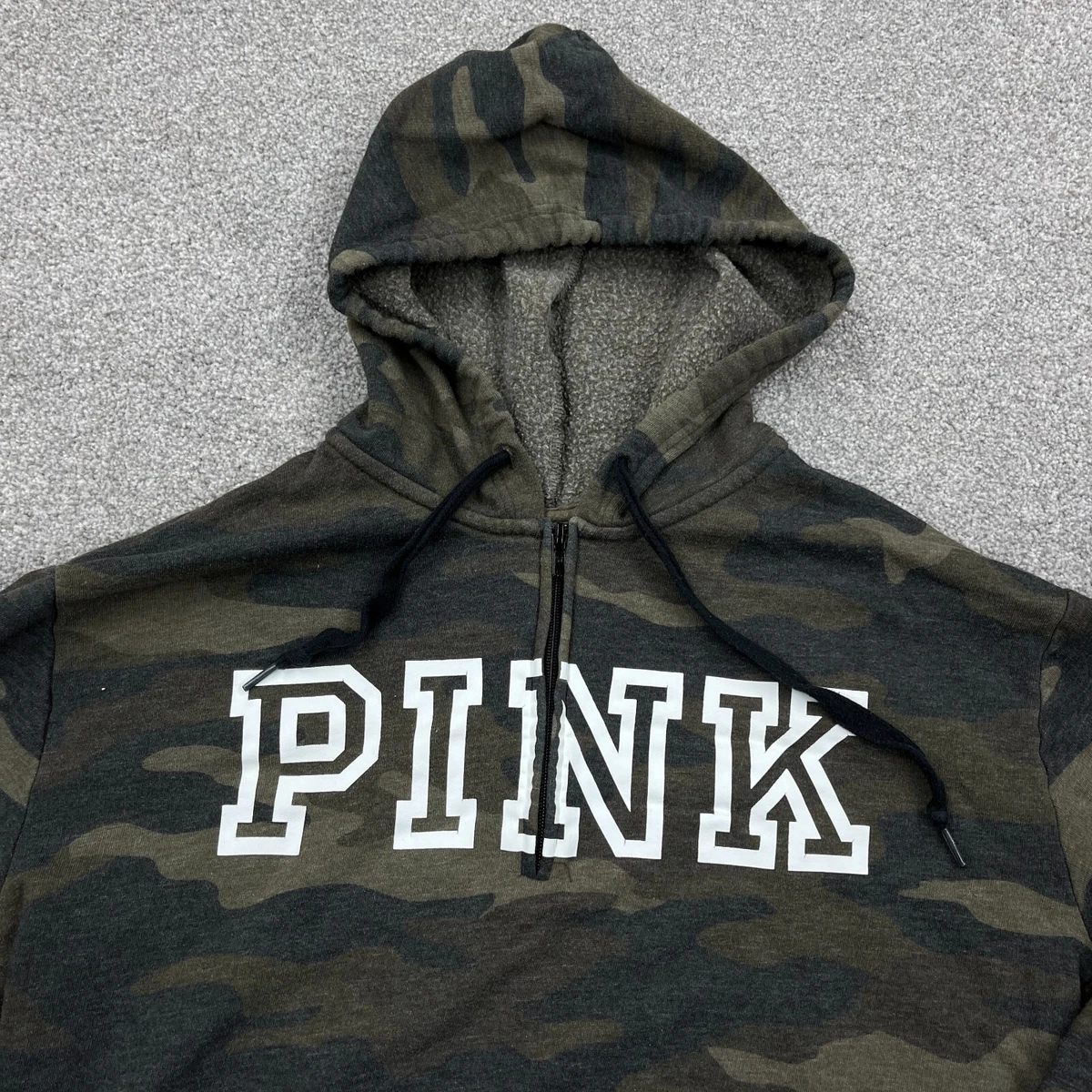 Victoria Secret Pink Hoodie Women Small Green White Camo Sweatshirt Sweater Army