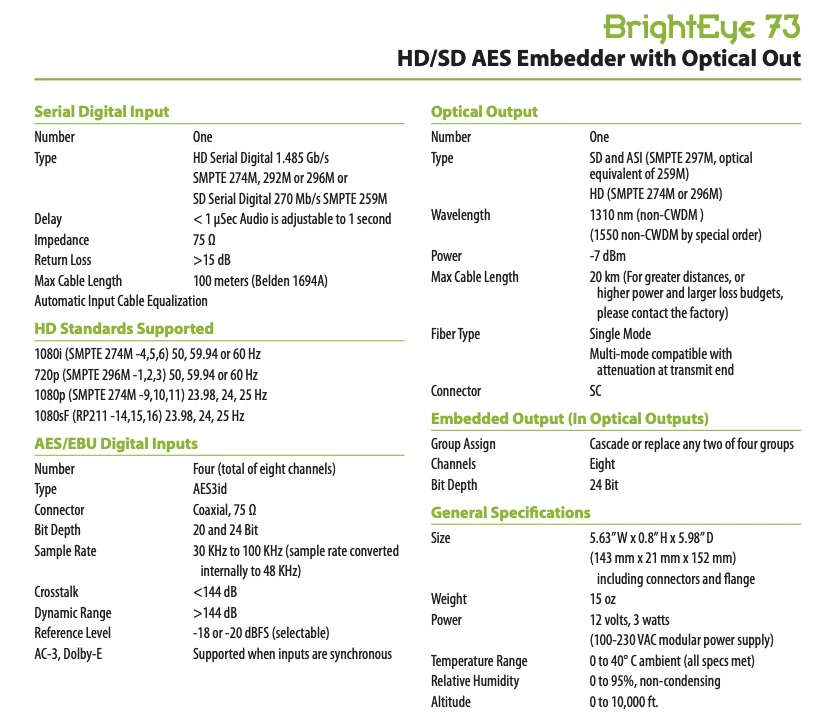 Ensemble Designs : BrightEye 73 HD/SD AES Embedder with Optical Out -8 available - Image 3 of 4