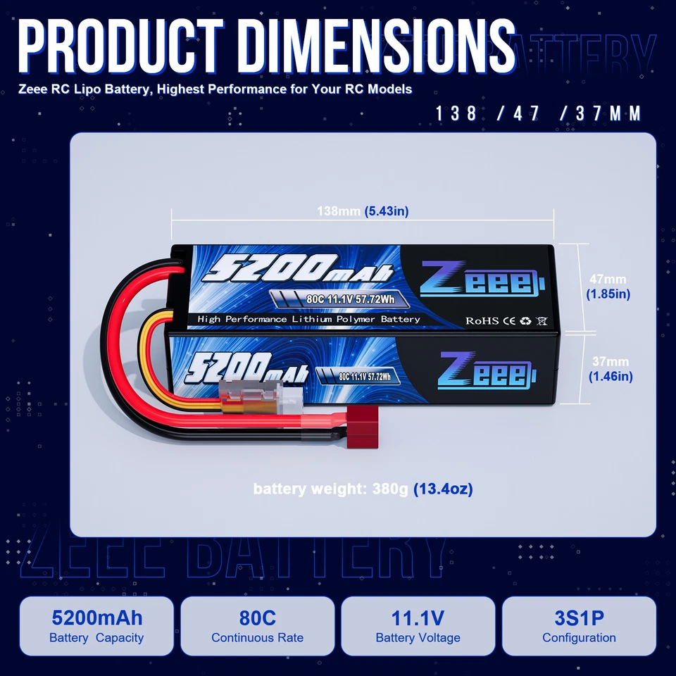 Zeee 3S Lipo Akku 11.1V 80C 5200mAh Hardcase T Stecker für RC Auto Boot Buggy - Bild 3 von 4