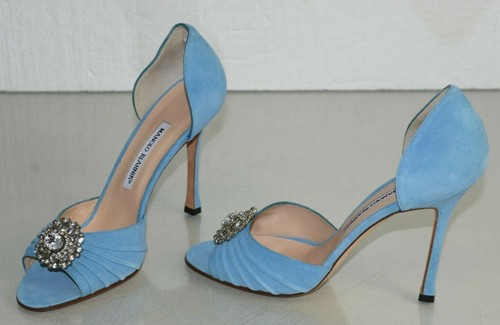 NEW Manolo Blahnik SEDARABY 105 Blue CRYSTAL JEWELED Shoes Wedding Pump 40 - Picture 7 of 11