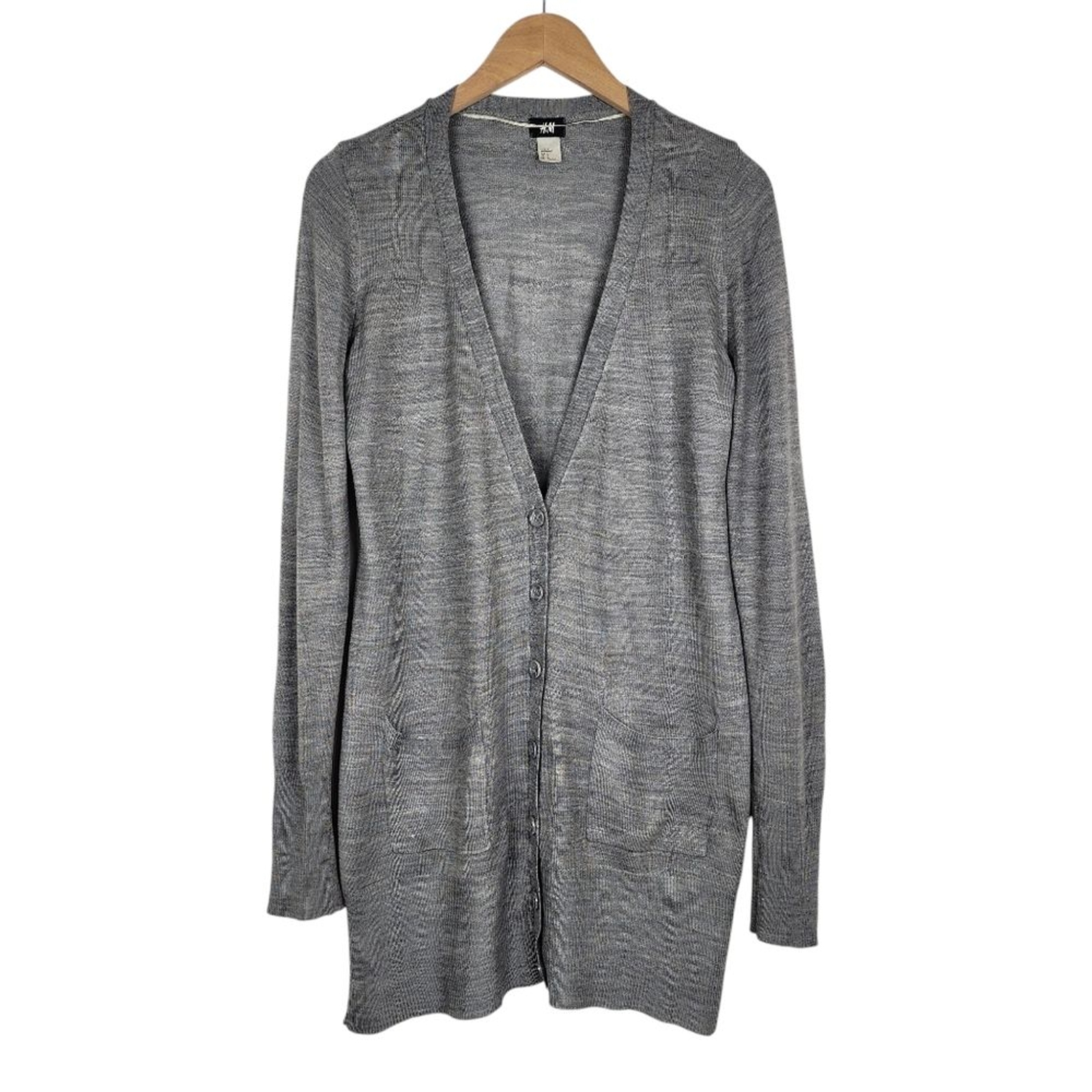 H&M Grey Acrylic Long Cardigan with Button Front and Pockets Size M V-Neck