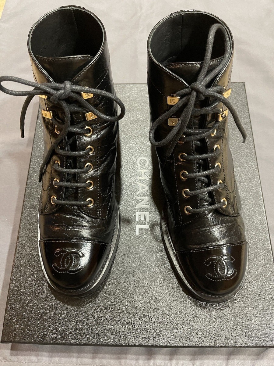 CHANELブーツ Combat Boots 37 CHANEL Lambskin Calfskin Quilted Lace Up Combat Boots 37