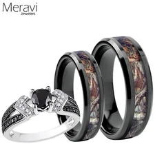 🔥Black Tungsten Mossy Forest Oak Camo Band CZ Sterling Silver Wedding Ring Set