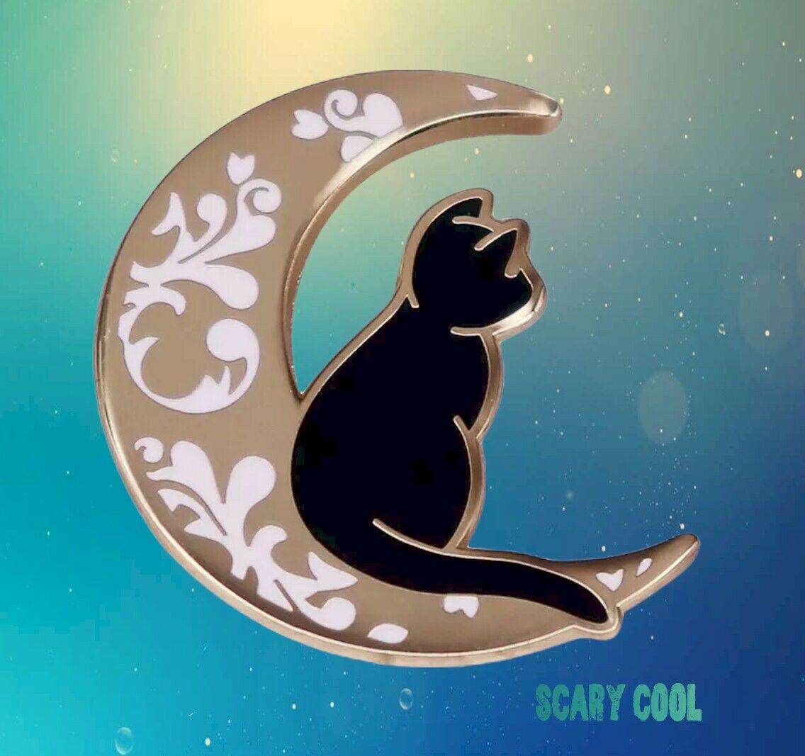 New Crescent Moon Cat Horror Halloween Gothic Punk Brooch Retro Pin