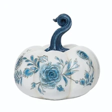 7" Delft Blue White Floral Roses Toile Pumpkin Figure Halloween Decor Transpac