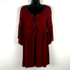 Clover Scout M Dress red crinkle crochet boho Mini shift bell sleeve lace up 3/7