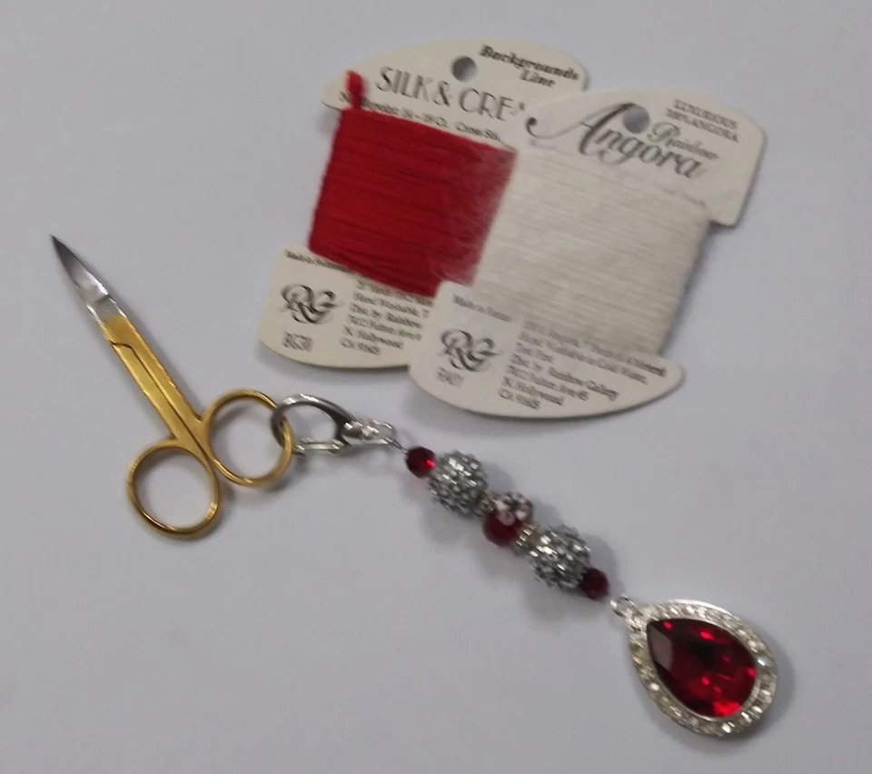 Lg Rhinestone Ruby Pear Shape Beaded Fob & Vig Gold Plate Embroidery Scissors - Image 3 of 3