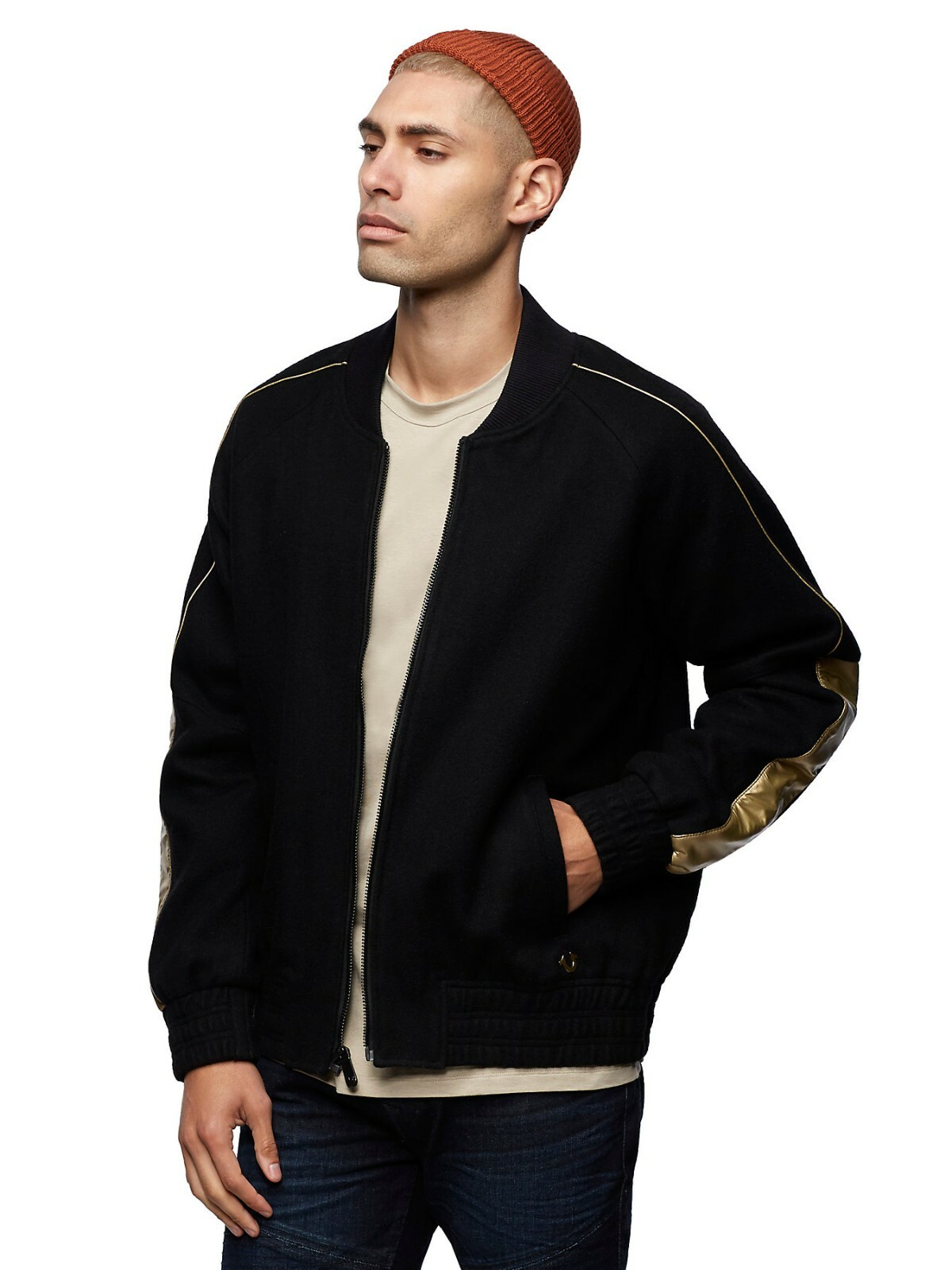 True Religion Black and Gold Varsity Jacket Large | eBay